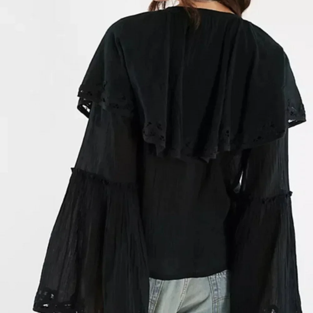 Free People Riley Battenburg Blouse V Neck Buttondown  Bell Sleeve Top XS